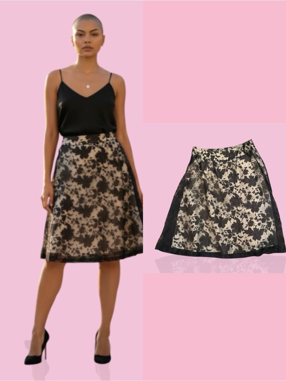 Elegant Floral Lace Overlay A-Line Skirt in Black and Cream
